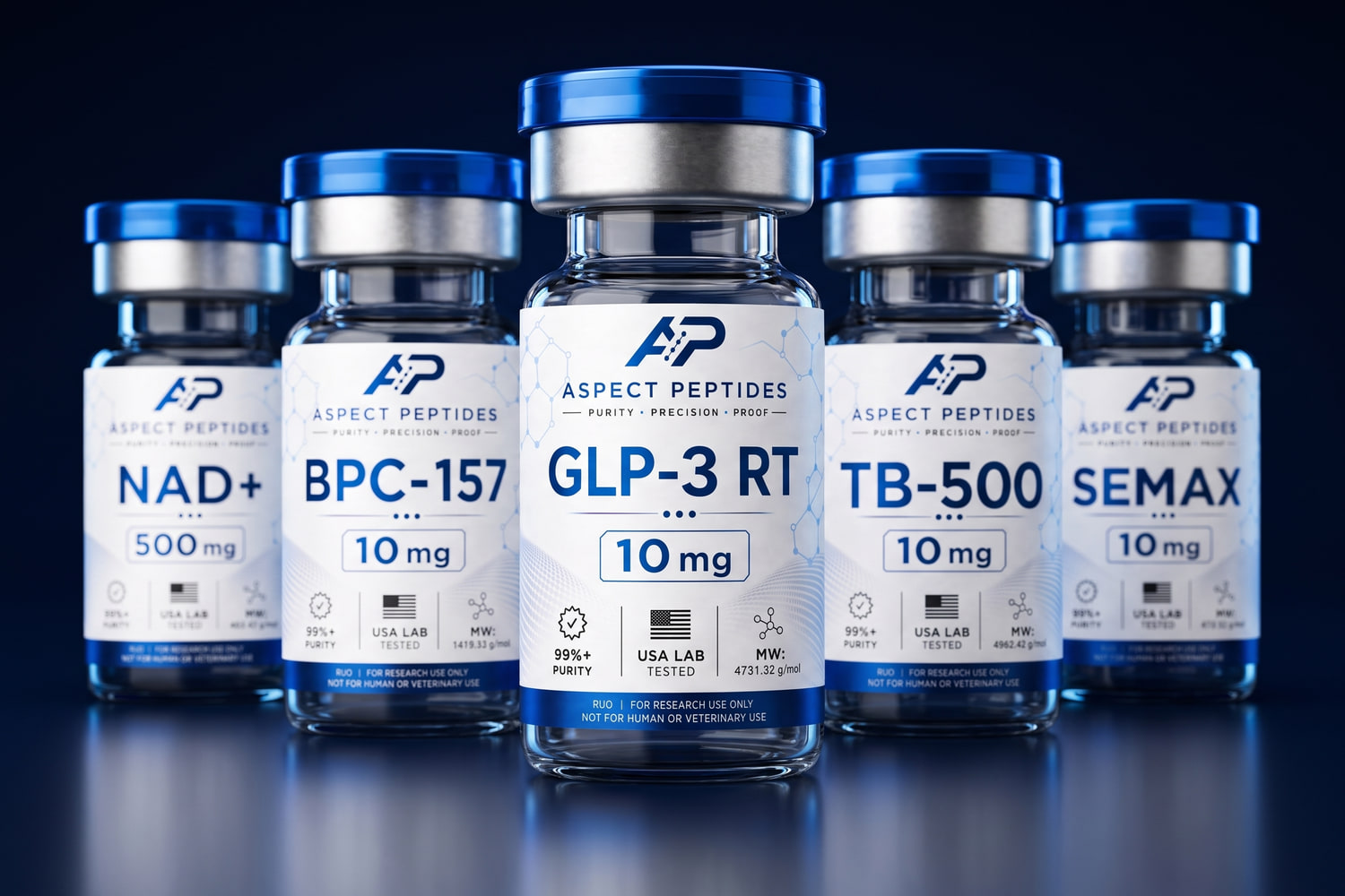 A stack of Aspect Peptides research vials